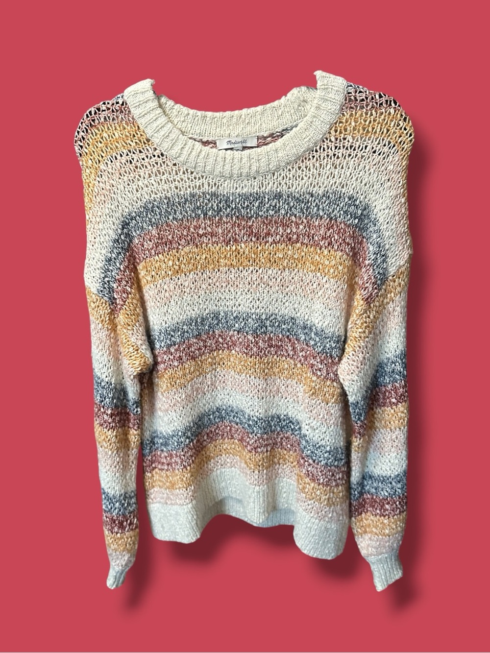 Madewell Striped Open-Knit Crewneck Sweater — Cream, Mustard & Blue